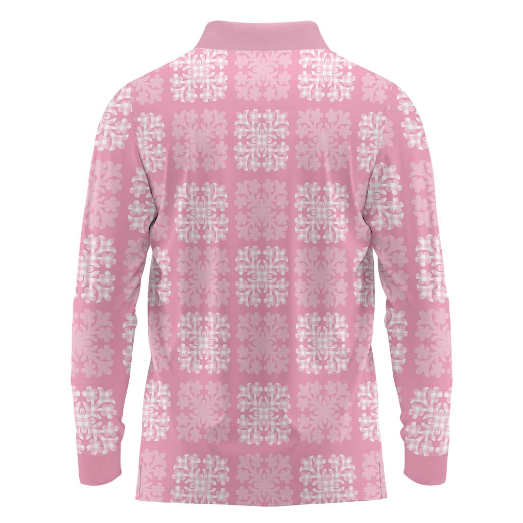 Pink Palaka Quilt Hawaii Long Sleeve Polo Shirt Traditional Hawaii-plaid Pattern - Polynesian Pride
