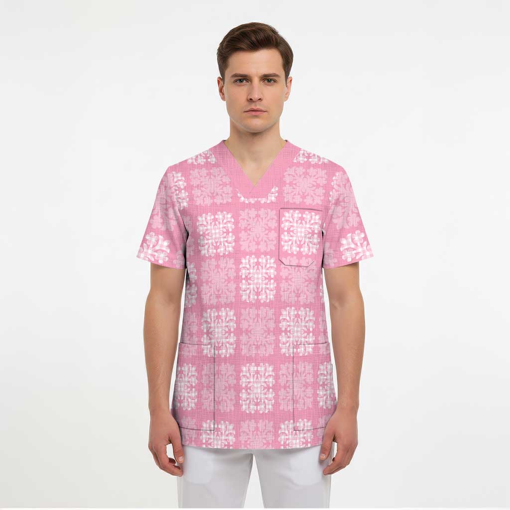 Pink Palaka Quilt Hawaii Scrub Top Traditional Hawaii-plaid Pattern - Polynesian Pride