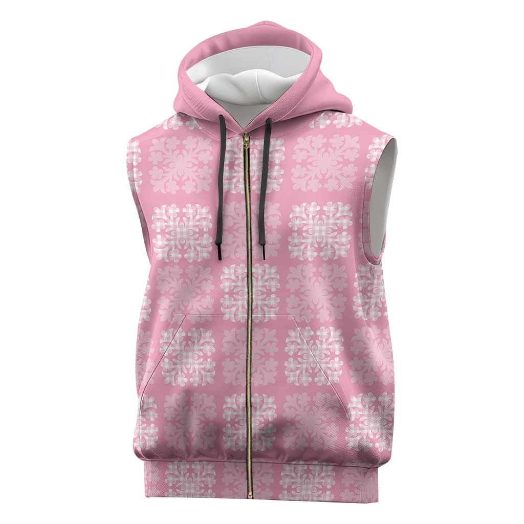 Pink Palaka Quilt Hawaii Sleeveless Zip Hoodie Traditional Hawaii-plaid Pattern - Polynesian Pride
