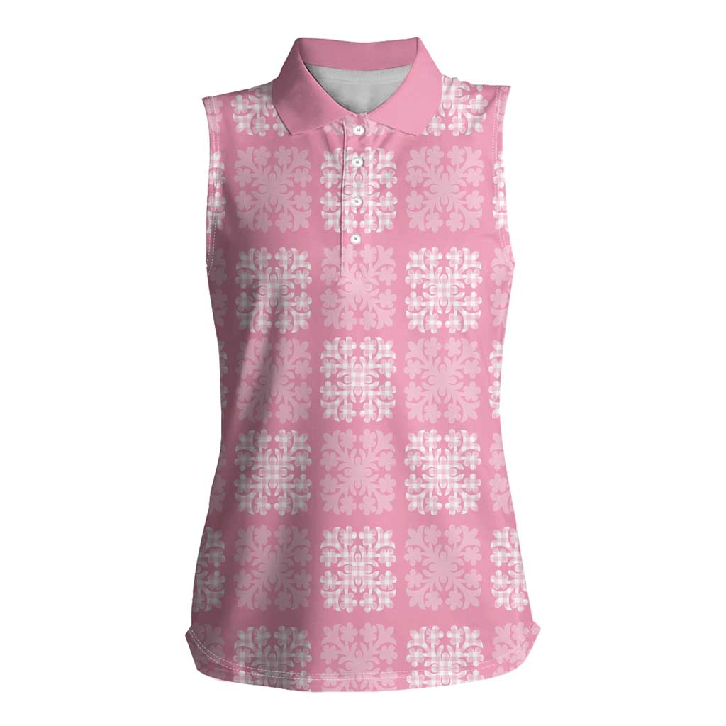 Pink Palaka Quilt Hawaii Women Sleeveless Polo Shirt Traditional Hawaii-plaid Pattern - Polynesian Pride