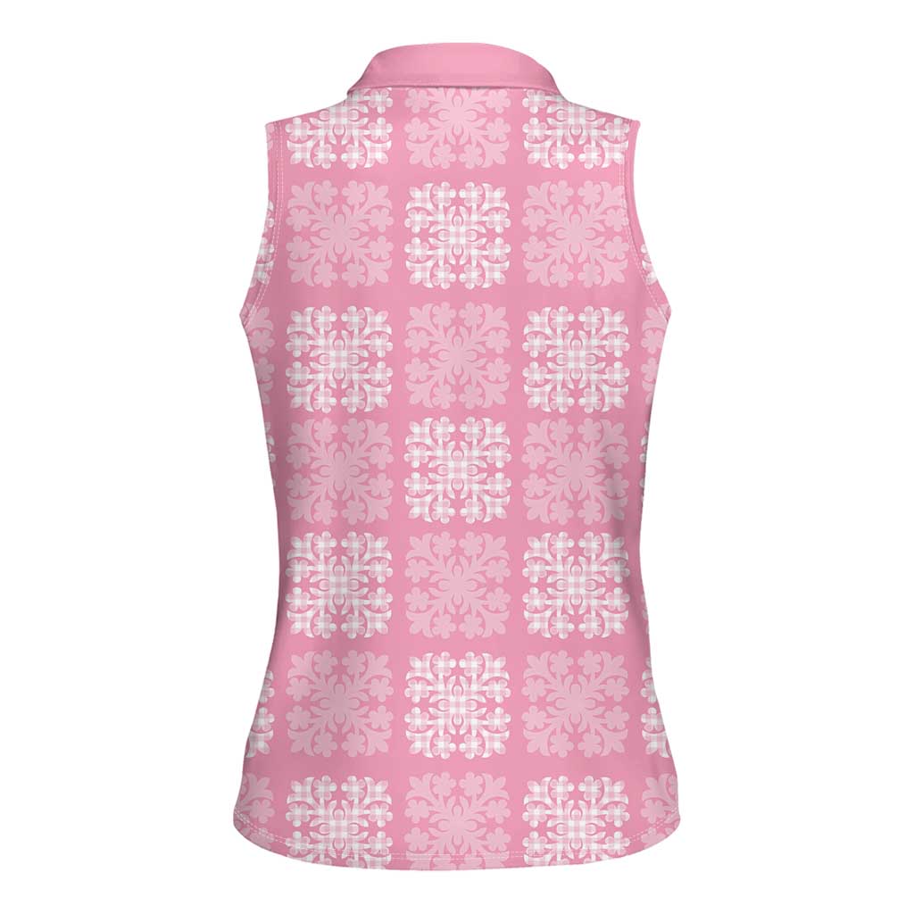 Pink Palaka Quilt Hawaii Women Sleeveless Polo Shirt Traditional Hawaii-plaid Pattern - Polynesian Pride