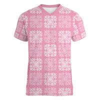 Pink Palaka Quilt Hawaii Women V-Neck T-Shirt Traditional Hawaii-plaid Pattern - Polynesian Pride