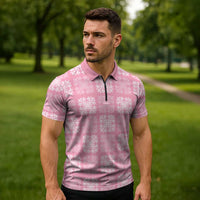 Pink Palaka Quilt Hawaii Zipper Polo Shirt Traditional Hawaii-plaid Pattern - Polynesian Pride