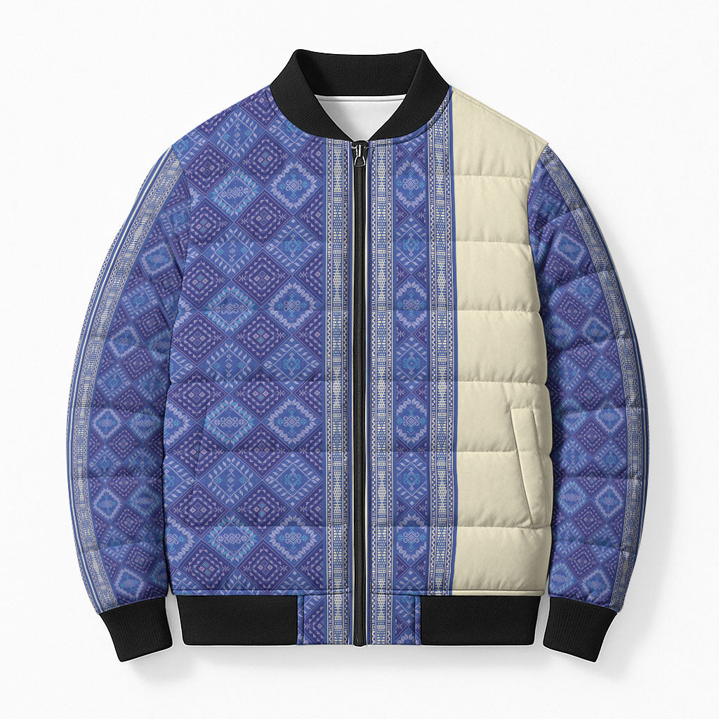 Mabuhay Philippines Festival Bomber Puffer Jacket Yakan Modern Filipiniana Inspired LT14 Unisex Blue - Polynesian Pride