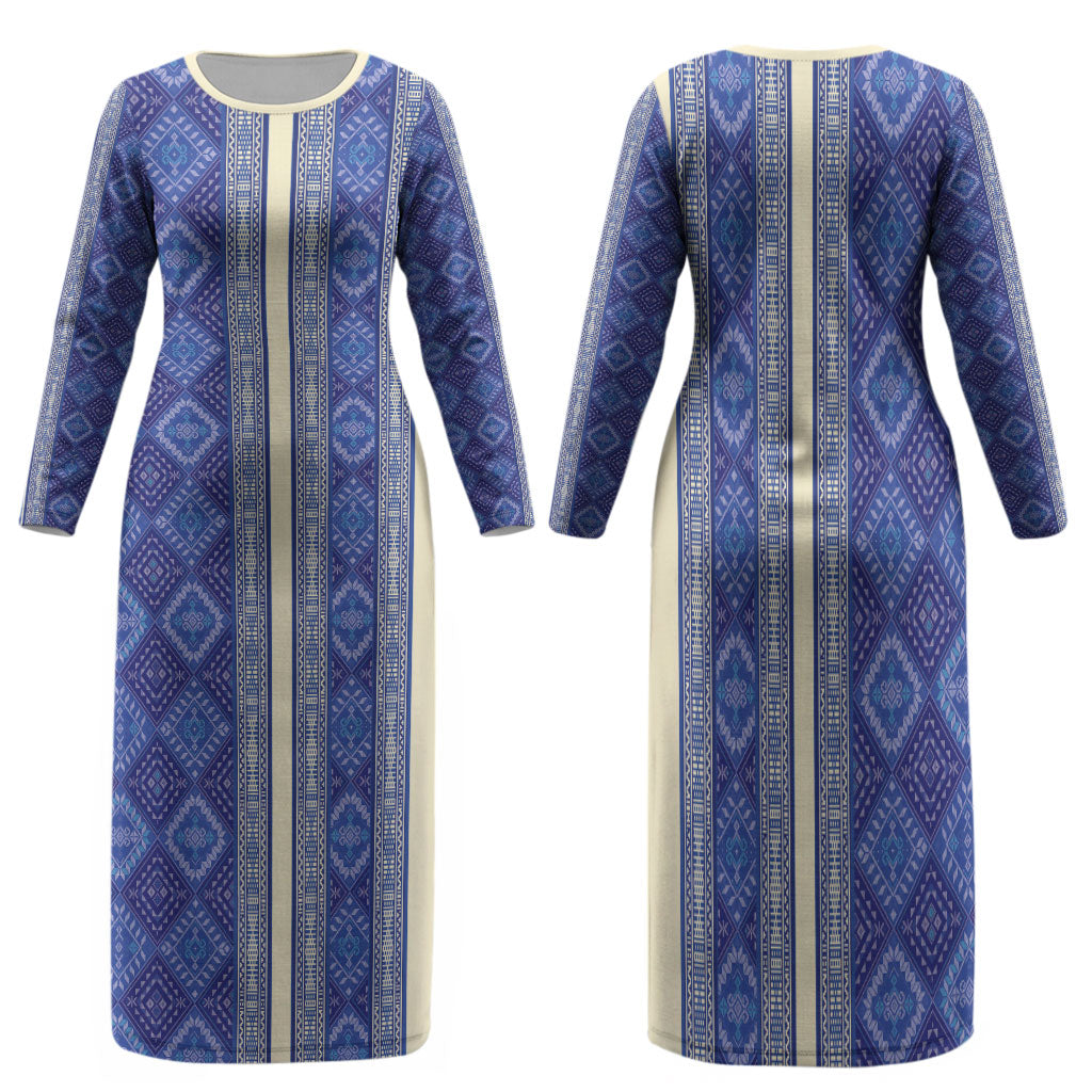 Mabuhay Philippines Festival Family Matching Long Sleeve Bodycon Dress and Hawaiian Shirt Yakan Modern Filipiniana Inspired LT14 Mom's Dress Blue - Polynesian Pride