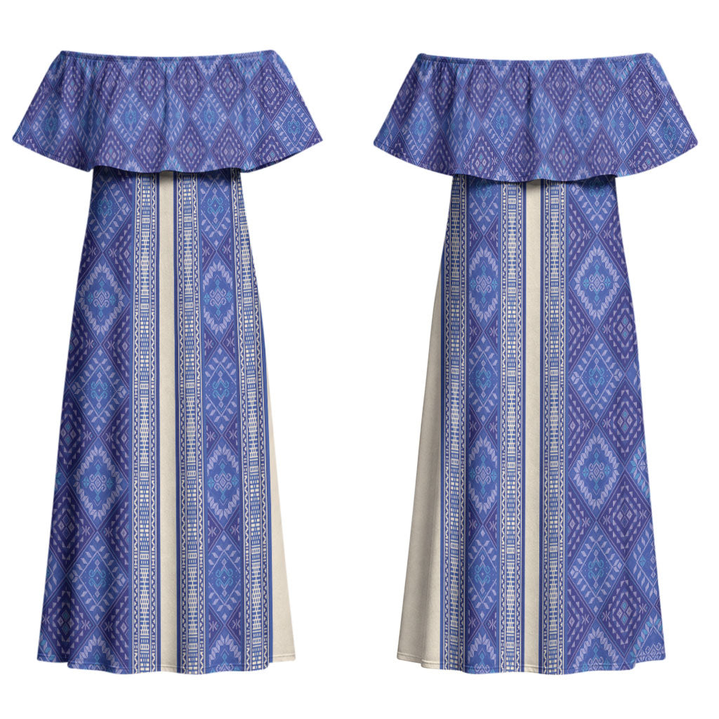 Mabuhay Philippines Festival Family Matching Off Shoulder Maxi Dress and Hawaiian Shirt Yakan Modern Filipiniana Inspired LT14 Mom's Dress Blue - Polynesian Pride