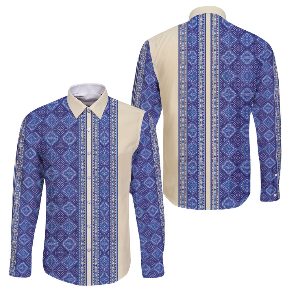 Mabuhay Philippines Festival Family Matching Off Shoulder Maxi Dress and Hawaiian Shirt Yakan Modern Filipiniana Inspired LT14 Dad's Shirt - Long Sleeve Blue - Polynesian Pride