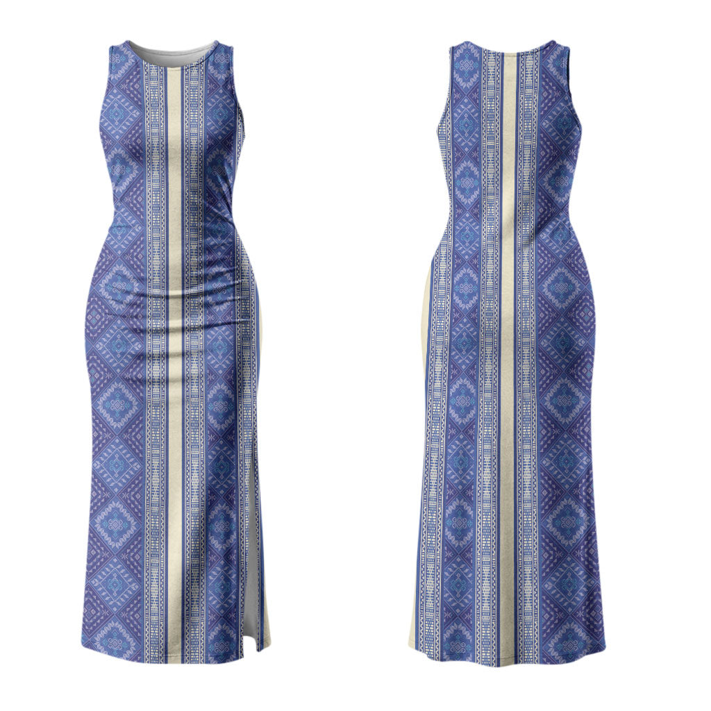 Mabuhay Philippines Festival Family Matching Tank Maxi Dress and Hawaiian Shirt Yakan Modern Filipiniana Inspired LT14 Mom's Dress Blue - Polynesian Pride