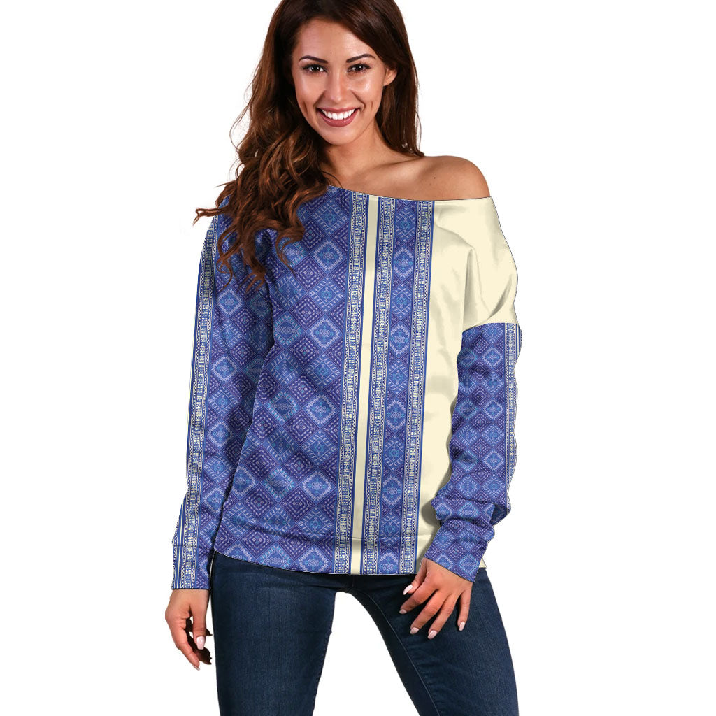 Mabuhay Philippines Festival Off Shoulder Sweater Yakan Modern Filipiniana Inspired LT14 Women Blue - Polynesian Pride