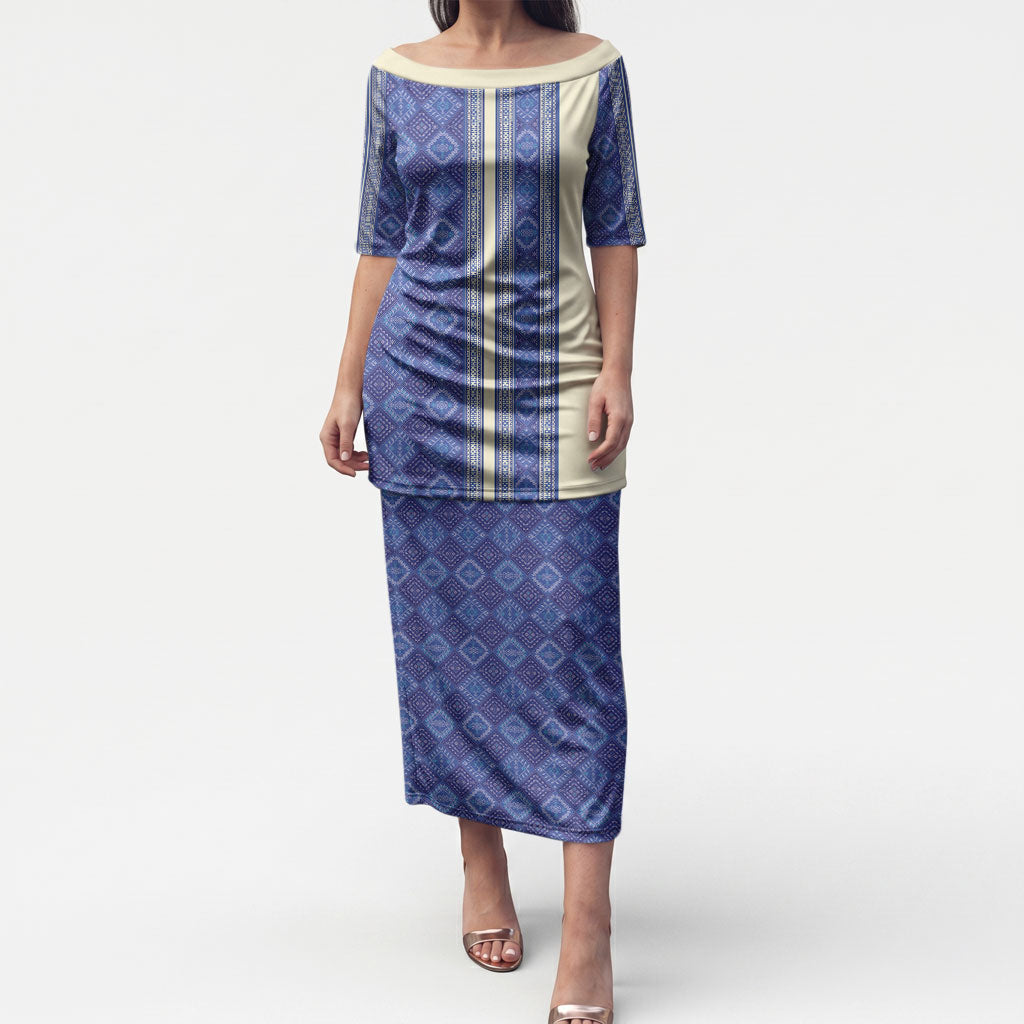 Mabuhay Philippines Festival Puletasi Yakan Modern Filipiniana Inspired LT14 Long Dress Blue - Polynesian Pride