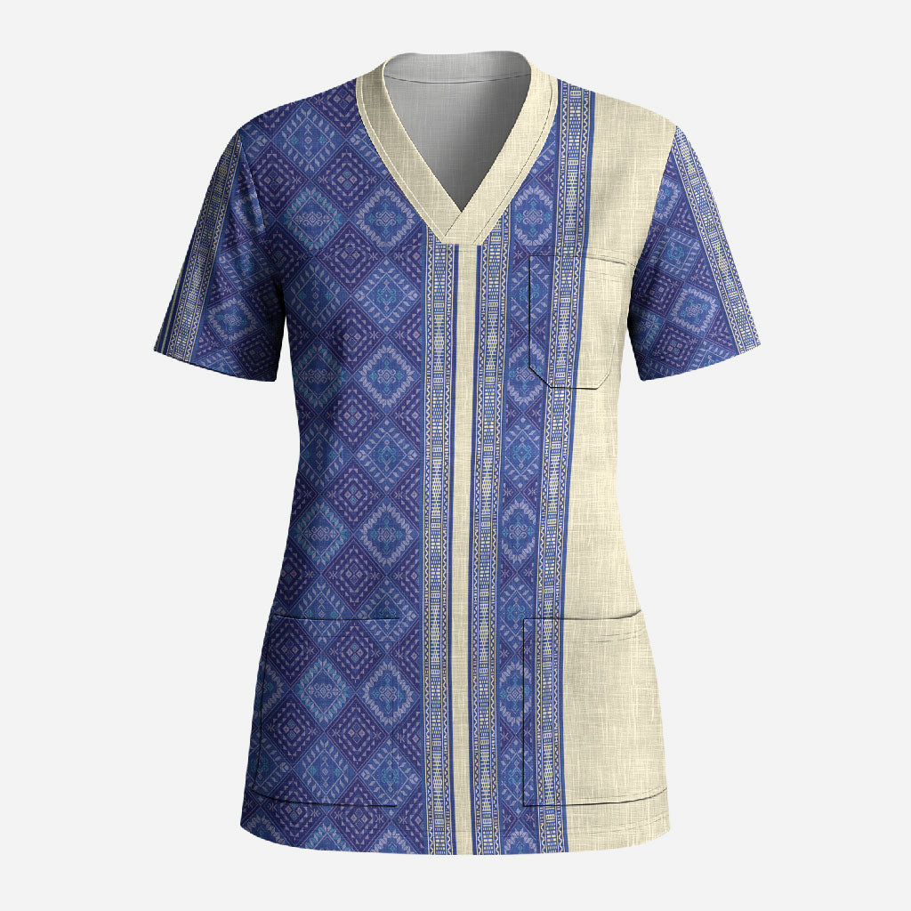 Mabuhay Philippines Festival Scrub Top Yakan Modern Filipiniana Inspired LT14 Adult Blue - Polynesian Pride