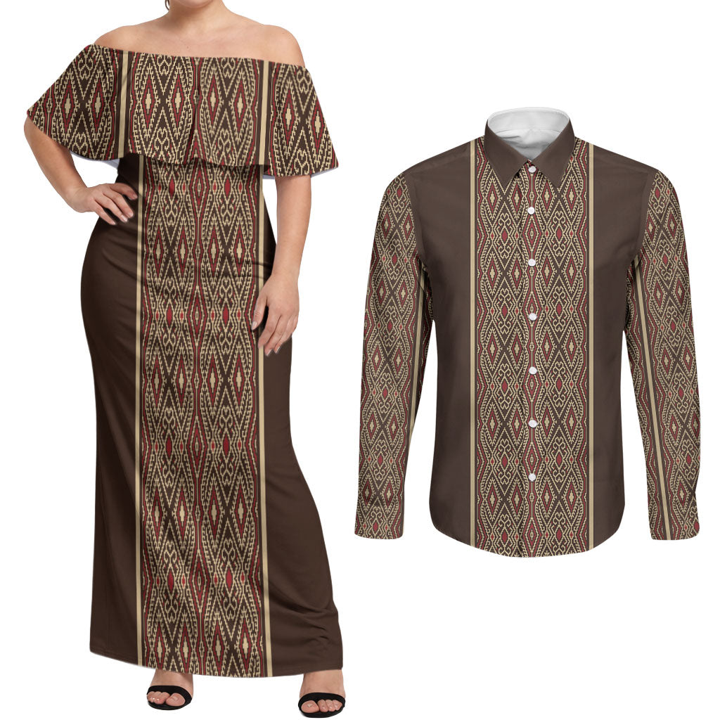 Mabuhay Philippines Festival Couples Matching Off Shoulder Maxi Dress and Long Sleeve Button Shirt Tnalak Modern Filipiniana Inspired LT14 Brown - Polynesian Pride