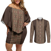 Mabuhay Philippines Festival Couples Matching Off Shoulder Short Dress and Long Sleeve Button Shirt Tnalak Modern Filipiniana Inspired LT14 Brown - Polynesian Pride