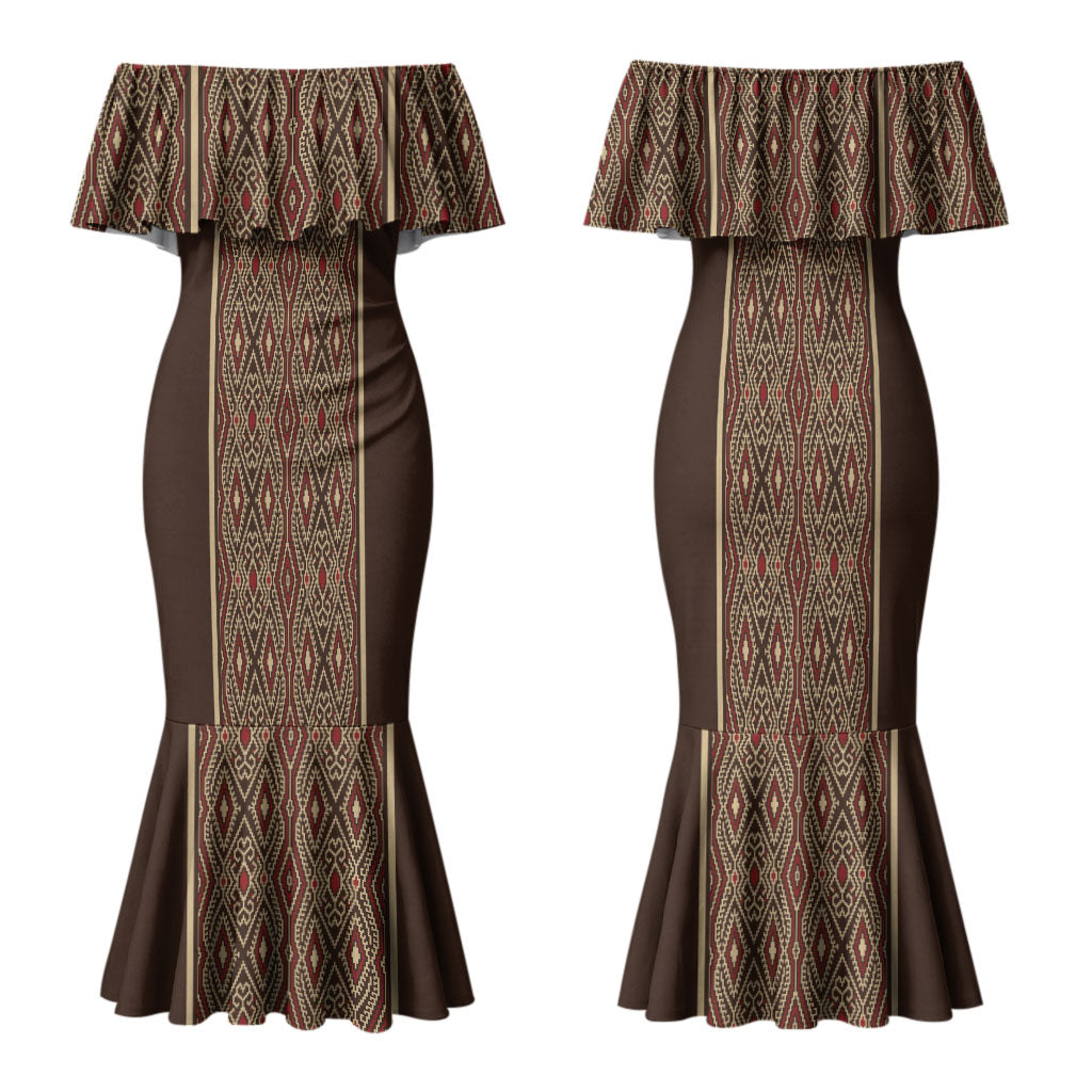 Mabuhay Philippines Festival Family Matching Mermaid Dress and Hawaiian Shirt Tnalak Modern Filipiniana Inspired LT14 Mom's Dress Brown - Polynesian Pride
