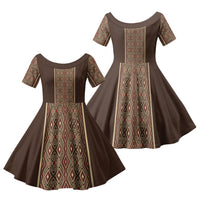 Mabuhay Philippines Festival Family Matching Off Shoulder Maxi Dress and Hawaiian Shirt Tnalak Modern Filipiniana Inspired LT14 Daughter's Dress Brown - Polynesian Pride