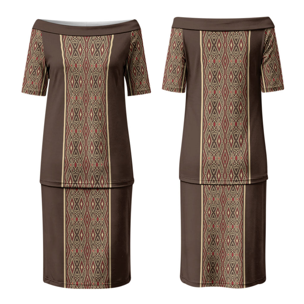 Mabuhay Philippines Festival Family Matching Puletasi and Hawaiian Shirt Tnalak Modern Filipiniana Inspired LT14 Mom's Dress Brown - Polynesian Pride
