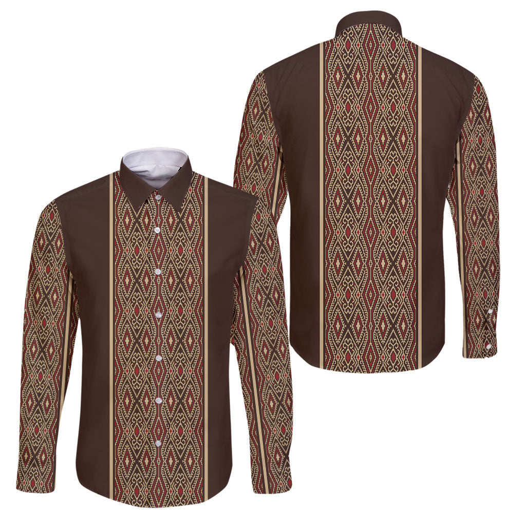 Mabuhay Philippines Festival Family Matching Puletasi and Hawaiian Shirt Tnalak Modern Filipiniana Inspired LT14 Dad's Shirt - Long Sleeve Brown - Polynesian Pride