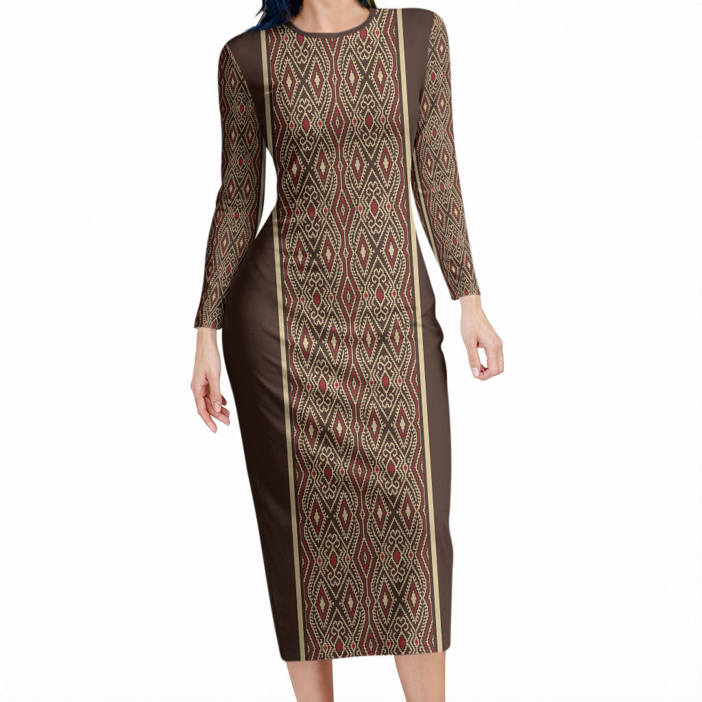 Mabuhay Philippines Festival Long Sleeve Bodycon Dress Tnalak Modern Filipiniana Inspired LT14 Long Dress Brown - Polynesian Pride