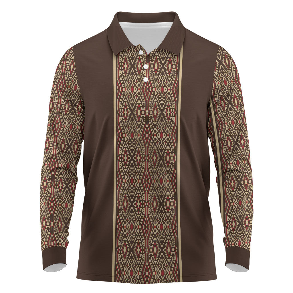 Mabuhay Philippines Festival Long Sleeve Polo Shirt Tnalak Modern Filipiniana Inspired LT14 Brown - Polynesian Pride