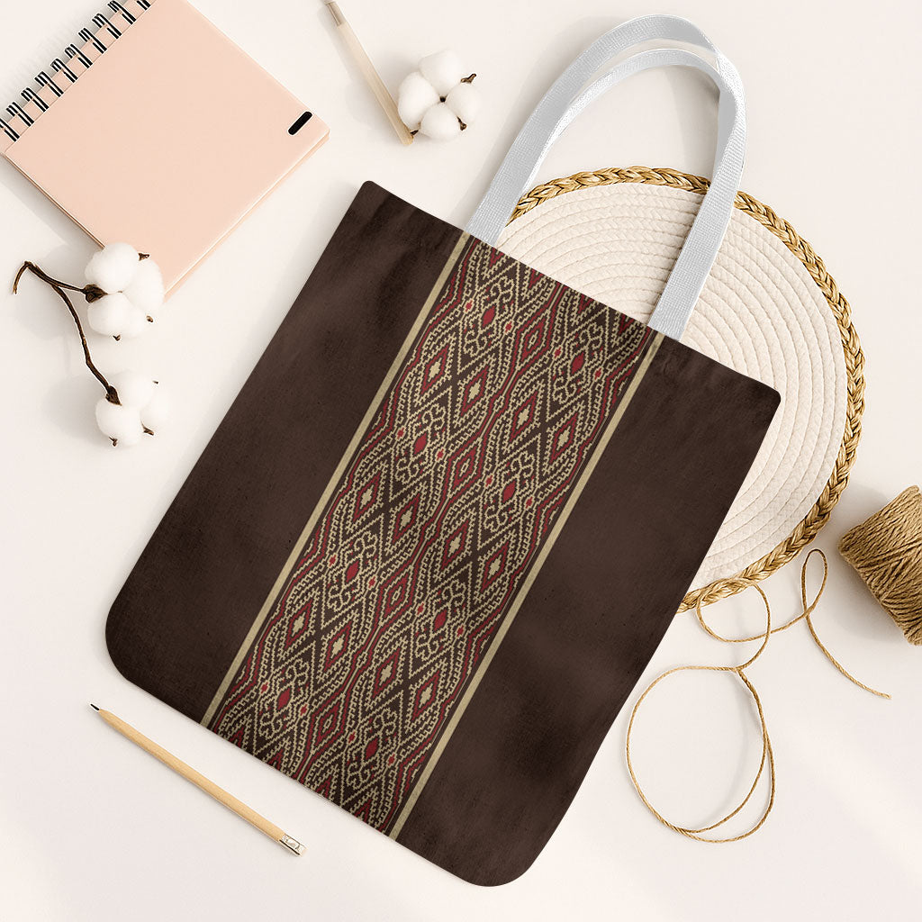 Mabuhay Philippines Festival Tote Bag Tnalak Modern Filipiniana Inspired LT14 White Strap One Size Brown - Polynesian Pride