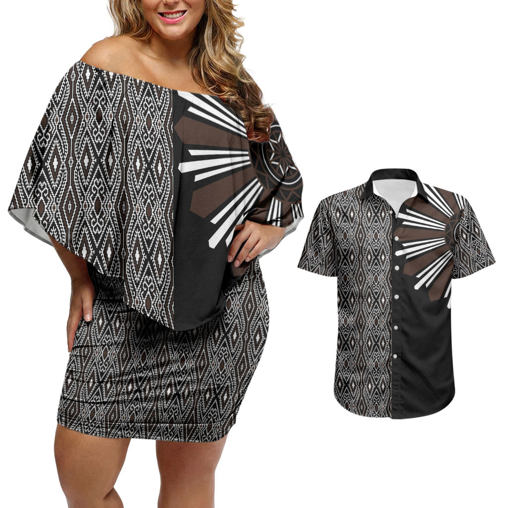 Mabuhay Philippines Festival Couples Matching Off Shoulder Short Dress and Hawaiian Shirt Araw Tnalak Modern Filipiniana Inspired LT14 Black - Polynesian Pride