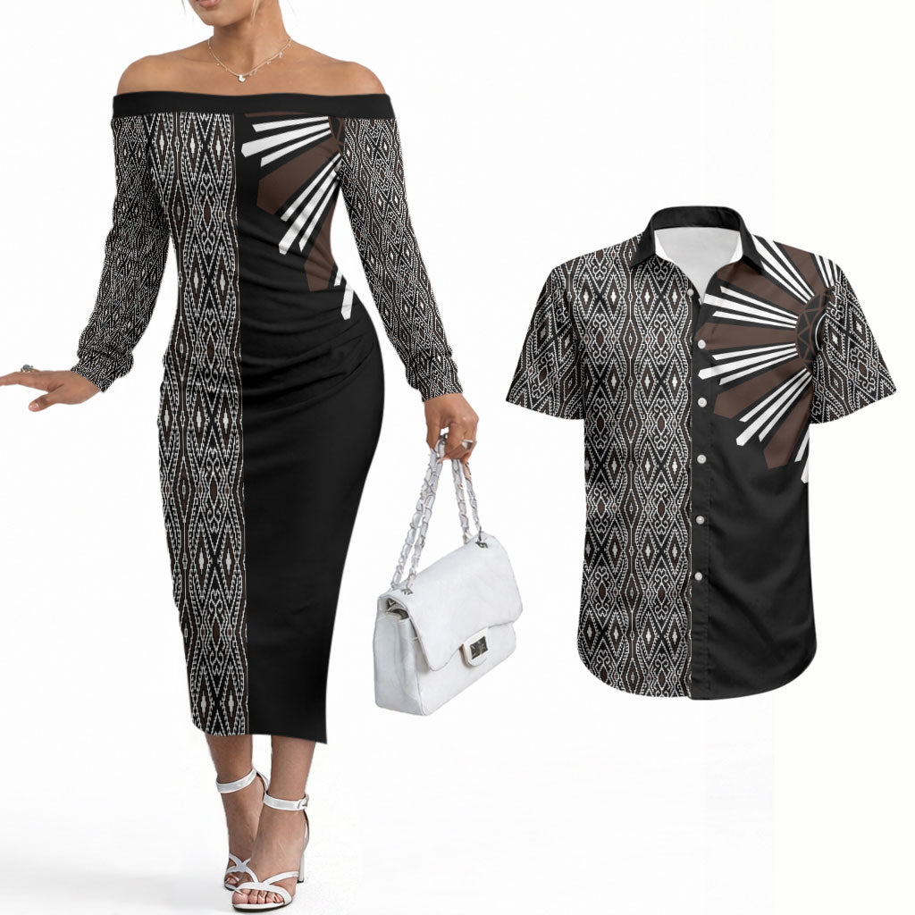 Mabuhay Philippines Festival Couples Matching Off The Shoulder Long Sleeve Dress and Hawaiian Shirt Araw Tnalak Modern Filipiniana Inspired LT14 Black - Polynesian Pride