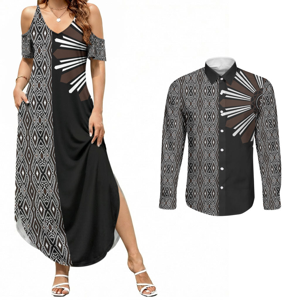Mabuhay Philippines Festival Couples Matching Summer Maxi Dress and Long Sleeve Button Shirt Araw Tnalak Modern Filipiniana Inspired LT14 Black - Polynesian Pride