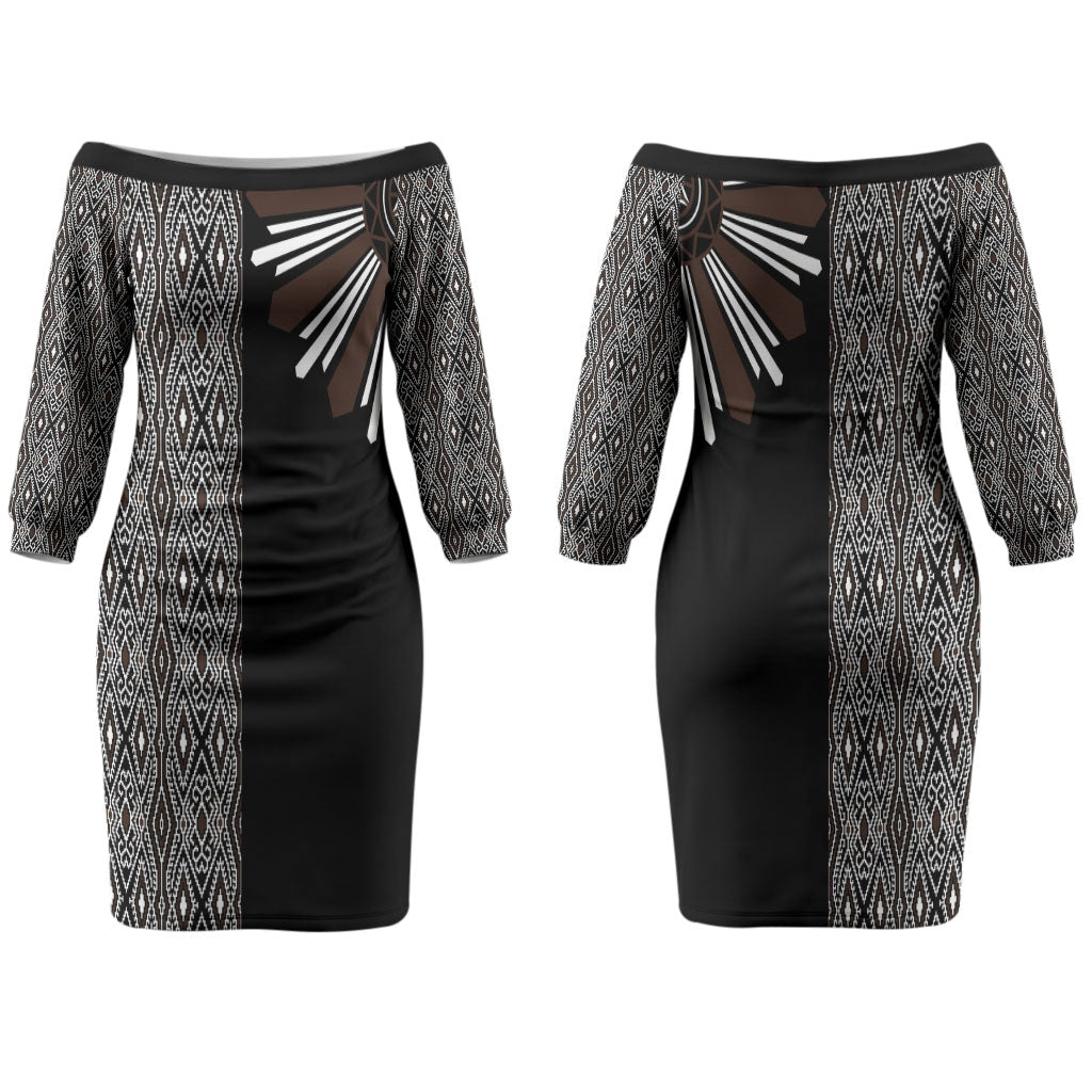 Mabuhay Philippines Festival Family Matching Off The Shoulder Long Sleeve Dress and Hawaiian Shirt Araw Tnalak Modern Filipiniana Inspired LT14 Mom's Dress Black - Polynesian Pride