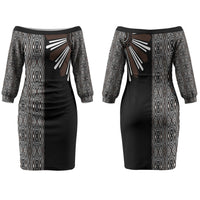Mabuhay Philippines Festival Family Matching Off The Shoulder Long Sleeve Dress and Hawaiian Shirt Araw Tnalak Modern Filipiniana Inspired LT14 Mom's Dress Black - Polynesian Pride