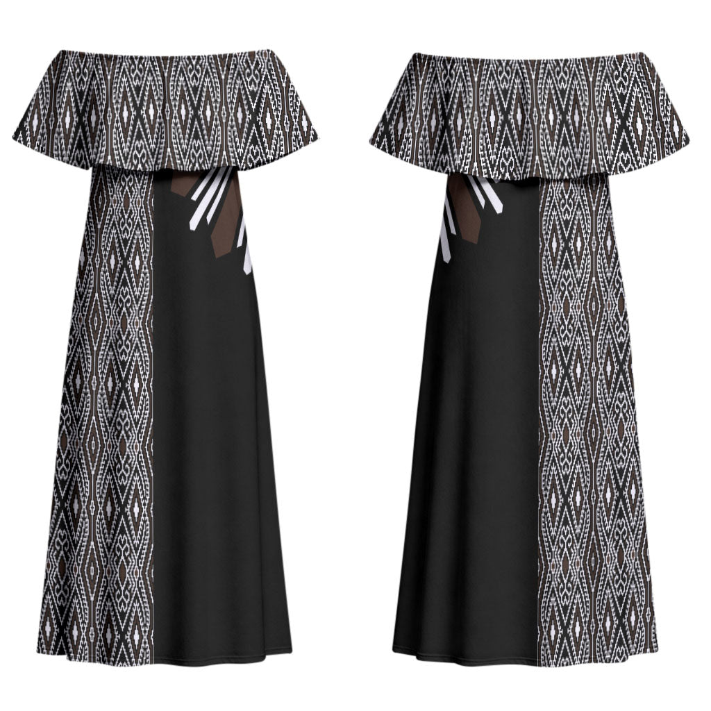 Mabuhay Philippines Festival Family Matching Off Shoulder Maxi Dress and Hawaiian Shirt Araw Tnalak Modern Filipiniana Inspired LT14 Mom's Dress Black - Polynesian Pride