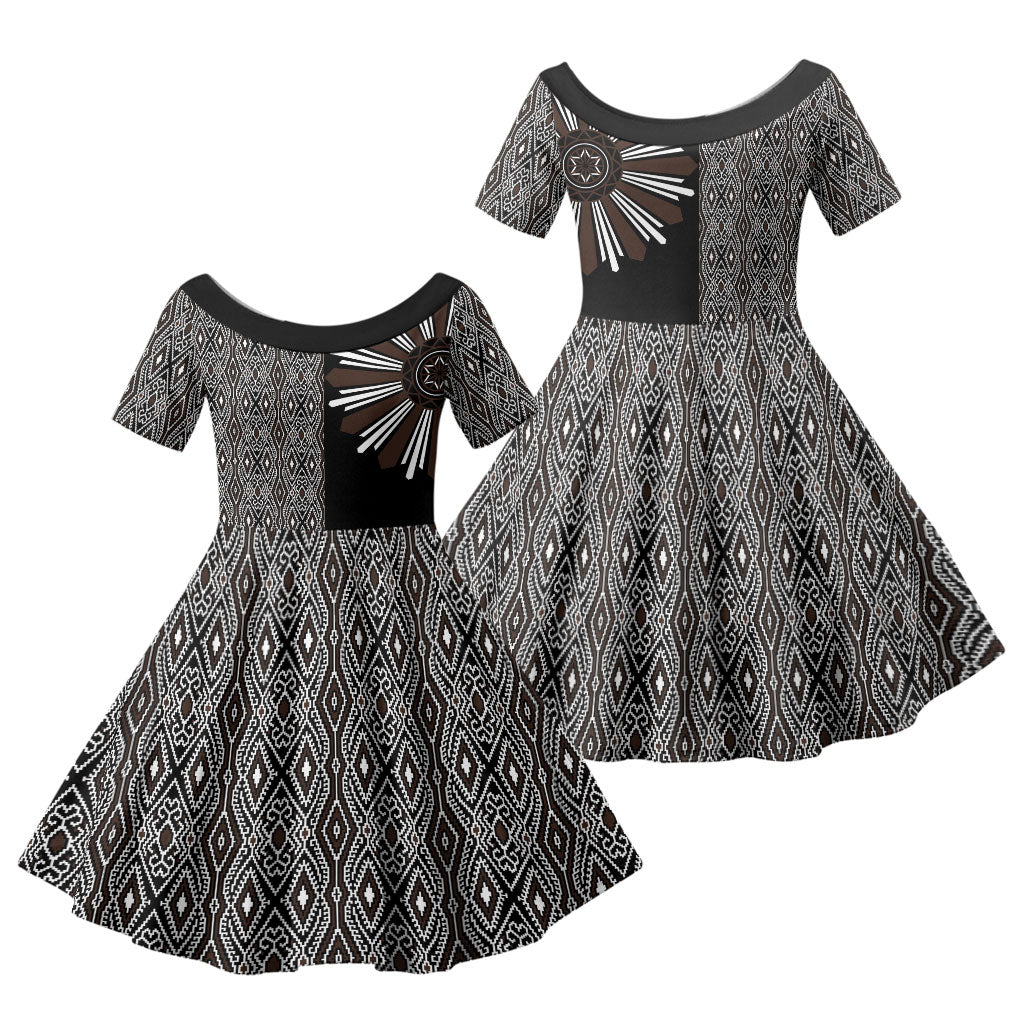 Mabuhay Philippines Festival Family Matching Off Shoulder Maxi Dress and Hawaiian Shirt Araw Tnalak Modern Filipiniana Inspired LT14 Daughter's Dress Black - Polynesian Pride