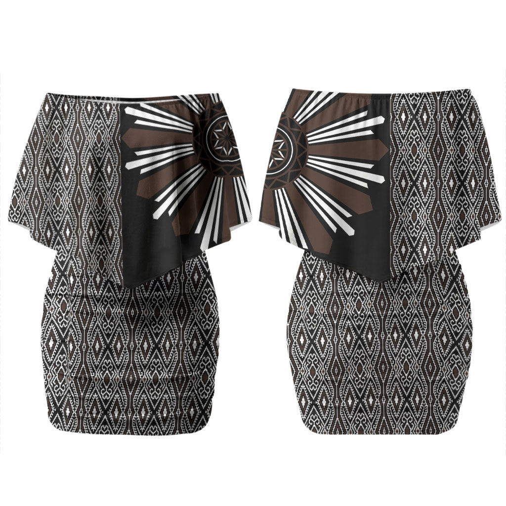 Mabuhay Philippines Festival Family Matching Off Shoulder Short Dress and Hawaiian Shirt Araw Tnalak Modern Filipiniana Inspired LT14 Mom's Dress Black - Polynesian Pride