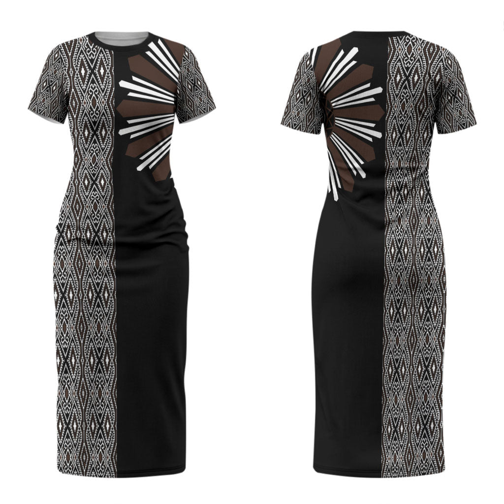 Mabuhay Philippines Festival Family Matching Short Sleeve Bodycon Dress and Hawaiian Shirt Araw Tnalak Modern Filipiniana Inspired LT14 Mom's Dress Black - Polynesian Pride
