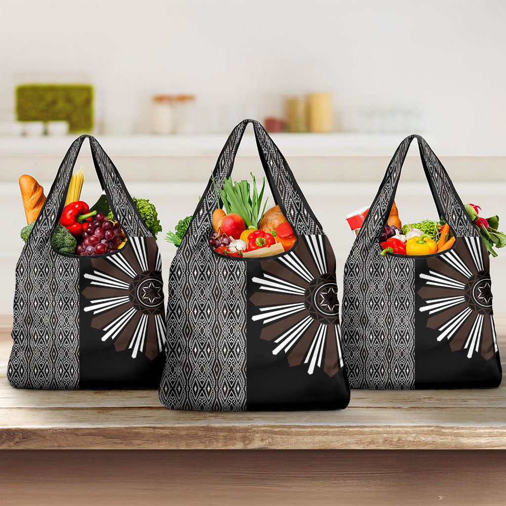 Mabuhay Philippines Festival Grocery Bag Araw Tnalak Modern Filipiniana Inspired LT14 3-pack One Size Black - Polynesian Pride