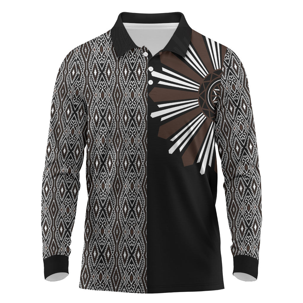 Mabuhay Philippines Festival Long Sleeve Polo Shirt Araw Tnalak Modern Filipiniana Inspired LT14 Black - Polynesian Pride