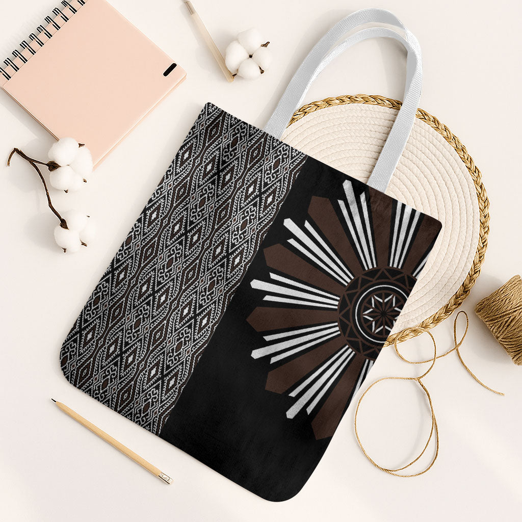Mabuhay Philippines Festival Tote Bag Araw Tnalak Modern Filipiniana Inspired LT14 White Strap One Size Black - Polynesian Pride