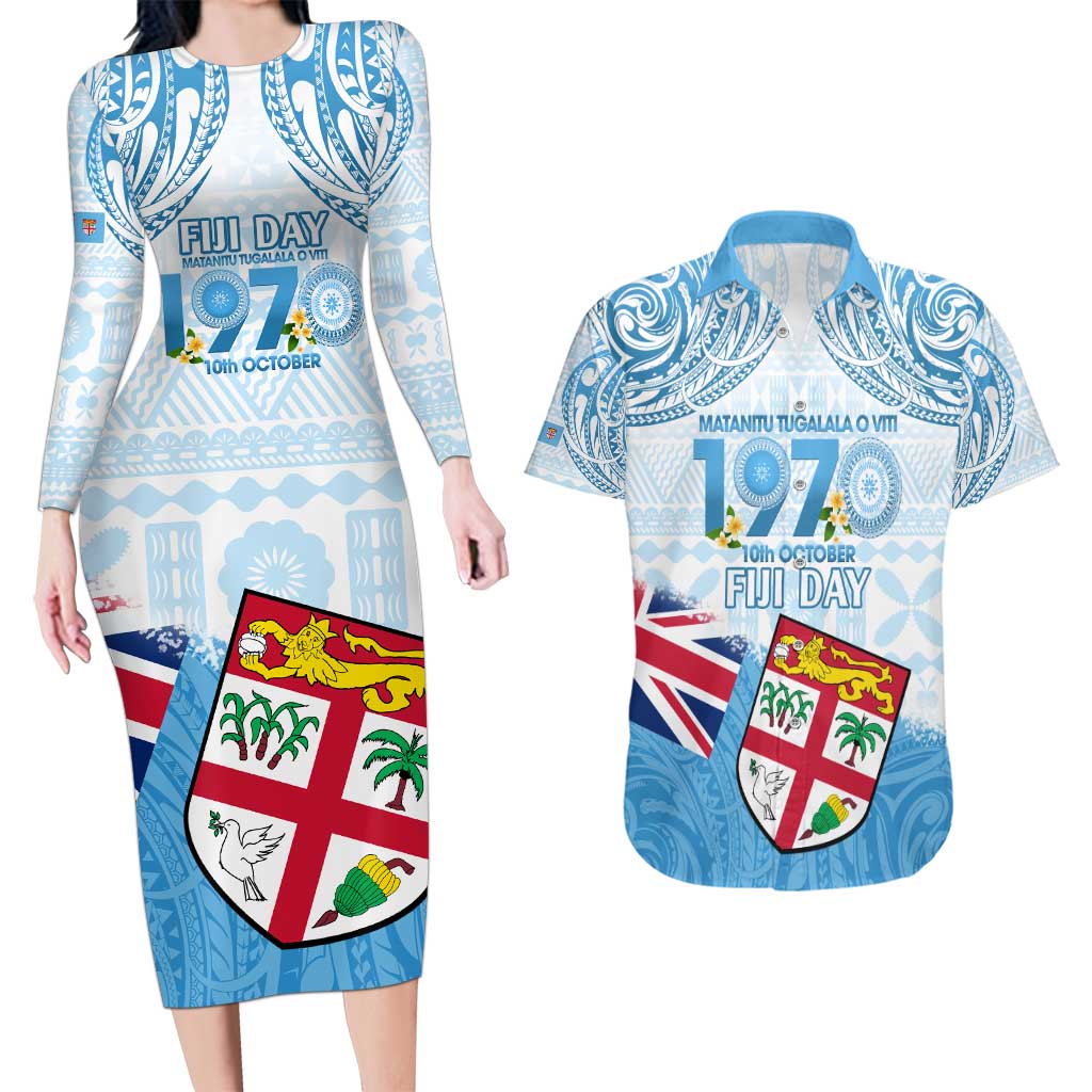 Fiji Day 1970 Couples Matching Long Sleeve Bodycon Dress and Hawaiian Shirt Proud To Be A Fijian Tapa Pattern