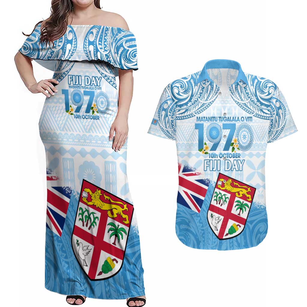 Fiji Day 1970 Couples Matching Off Shoulder Maxi Dress and Hawaiian Shirt Proud To Be A Fijian Tapa Pattern