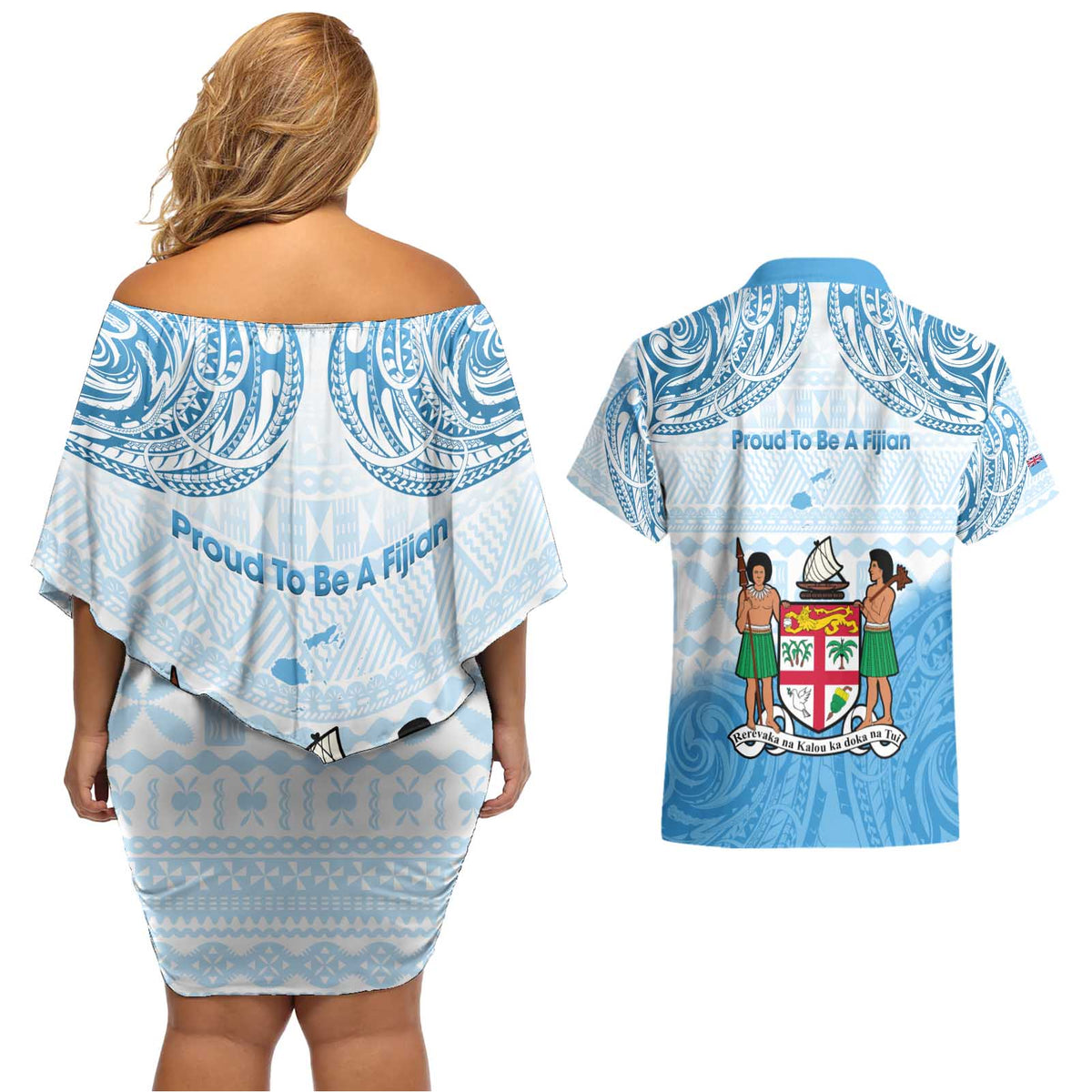 Fiji Day 1970 Couples Matching Off Shoulder Short Dress and Hawaiian Shirt Proud To Be A Fijian Tapa Pattern