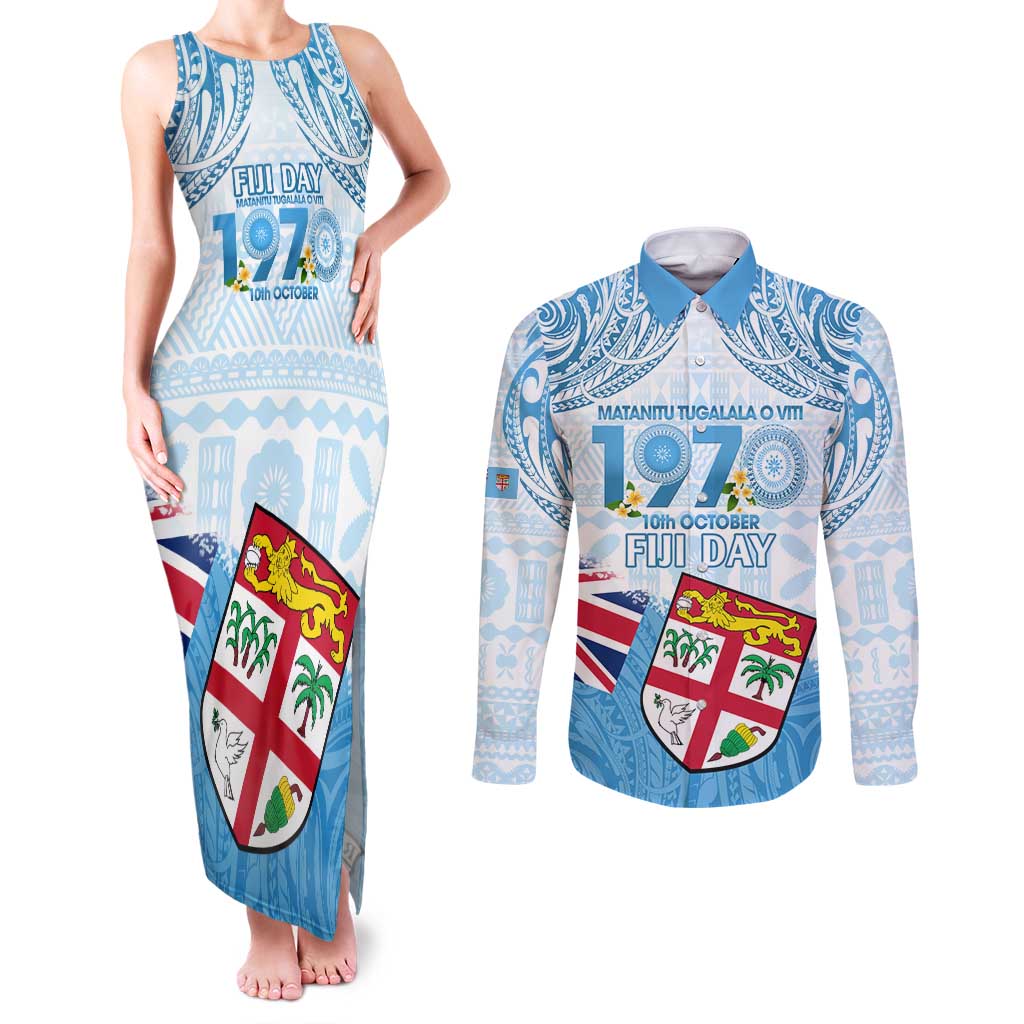 Fiji Day 1970 Couples Matching Tank Maxi Dress and Long Sleeve Button Shirt Proud To Be A Fijian Tapa Pattern