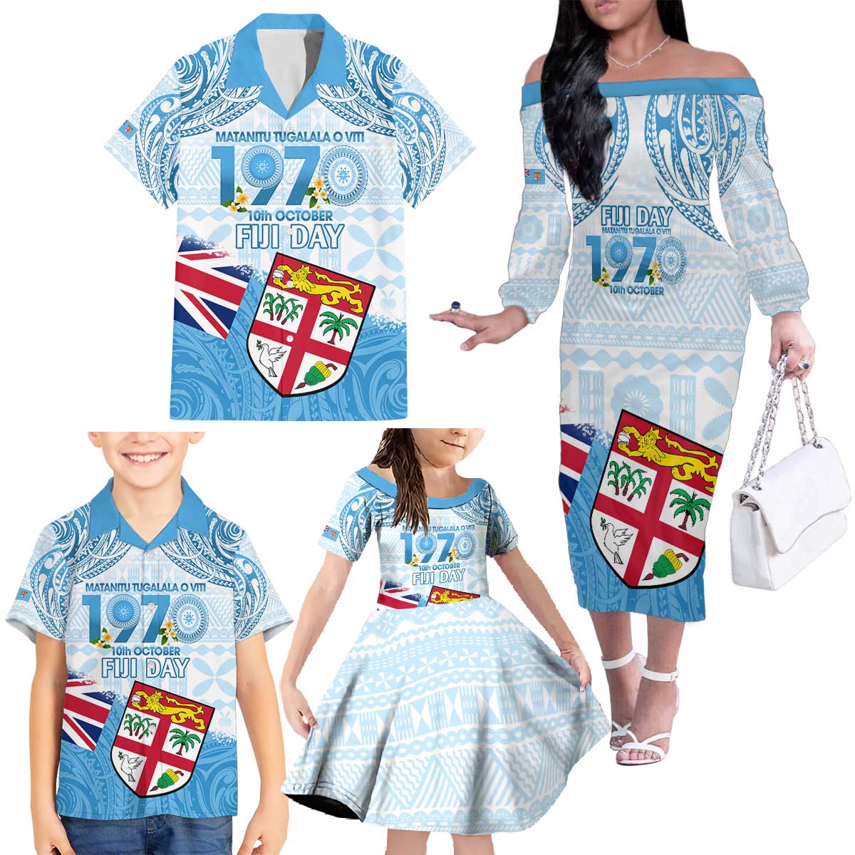 Fiji Day 1970 Family Matching Off The Shoulder Long Sleeve Dress and Hawaiian Shirt Proud To Be A Fijian Tapa Pattern