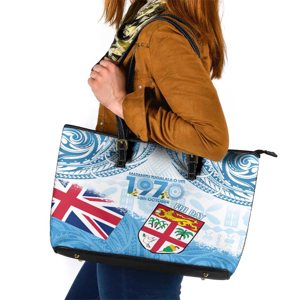 Fiji Day 1970 Leather Tote Bag Proud To Be A Fijian Tapa Pattern LT14 Blue - Polynesian Pride