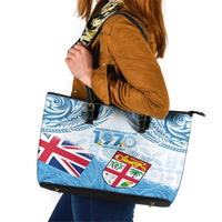 Fiji Day 1970 Leather Tote Bag Proud To Be A Fijian Tapa Pattern LT14 Blue - Polynesian Pride