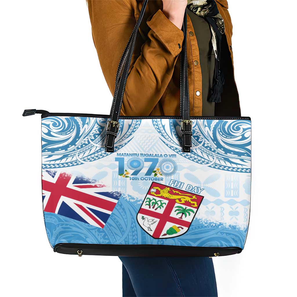 Fiji Day 1970 Leather Tote Bag Proud To Be A Fijian Tapa Pattern LT14 - Polynesian Pride