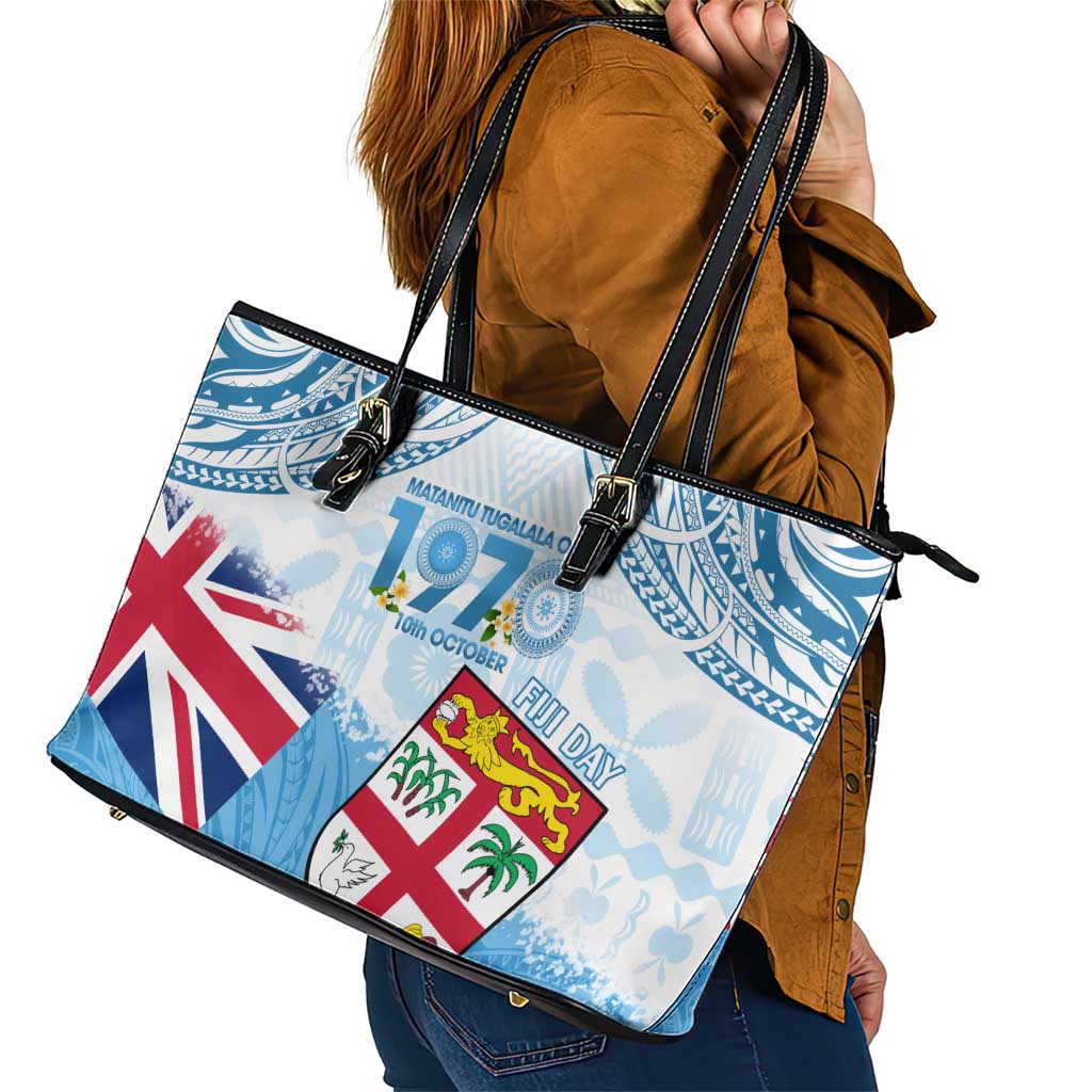 Fiji Day 1970 Leather Tote Bag Proud To Be A Fijian Tapa Pattern LT14 - Polynesian Pride
