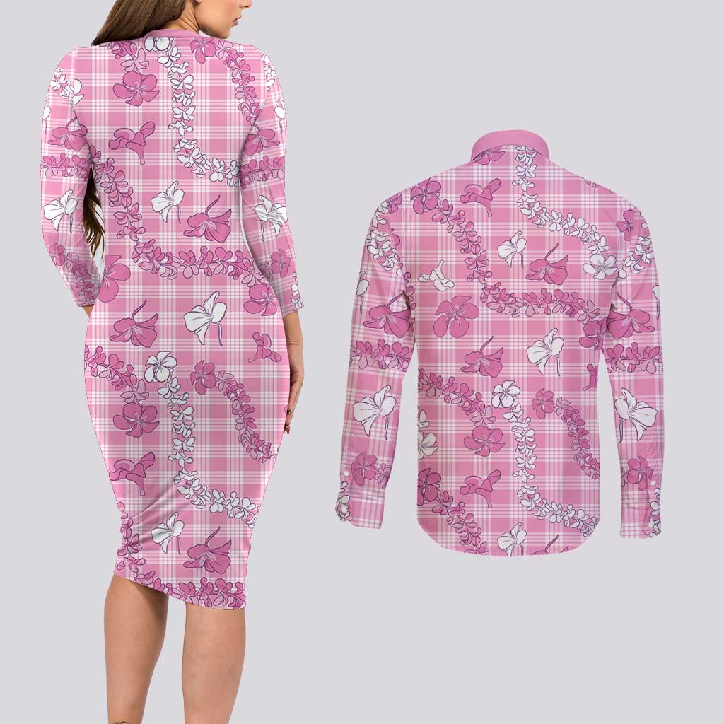 Alaka Aloha Hawaii Couples Matching Long Sleeve Bodycon Dress and Long Sleeve Button Shirt Plumeria Lei With Palaka Motif - Polynesian Pride