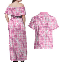 Alaka Aloha Hawaii Couples Matching Off Shoulder Maxi Dress and Hawaiian Shirt Plumeria Lei With Palaka Motif - Polynesian Pride