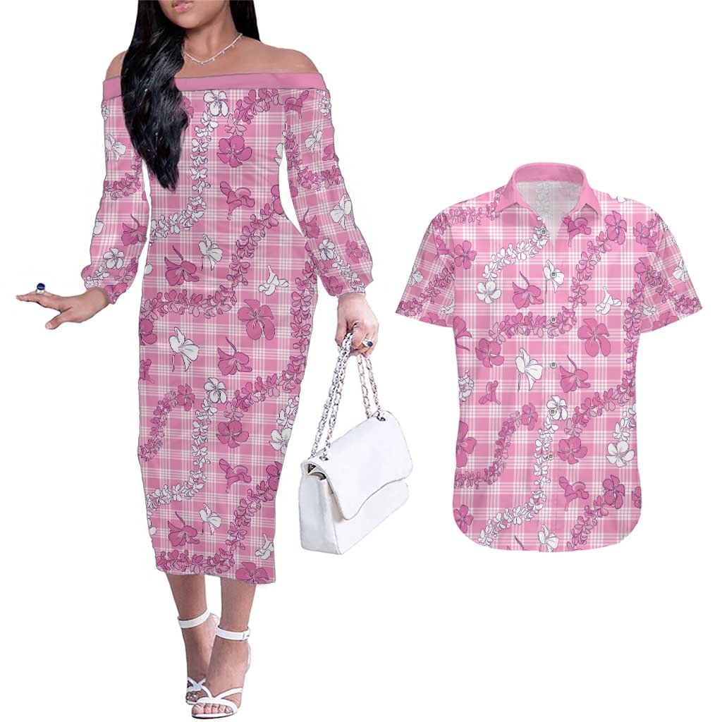 Alaka Aloha Hawaii Couples Matching Off The Shoulder Long Sleeve Dress and Hawaiian Shirt Plumeria Lei With Palaka Motif - Polynesian Pride