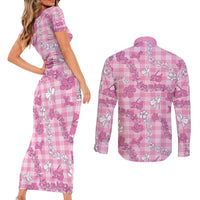 Alaka Aloha Hawaii Couples Matching Short Sleeve Bodycon Dress and Long Sleeve Button Shirt Plumeria Lei With Palaka Motif - Polynesian Pride