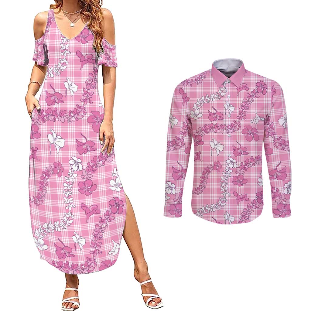 Alaka Aloha Hawaii Couples Matching Summer Maxi Dress and Long Sleeve Button Shirt Plumeria Lei With Palaka Motif - Polynesian Pride